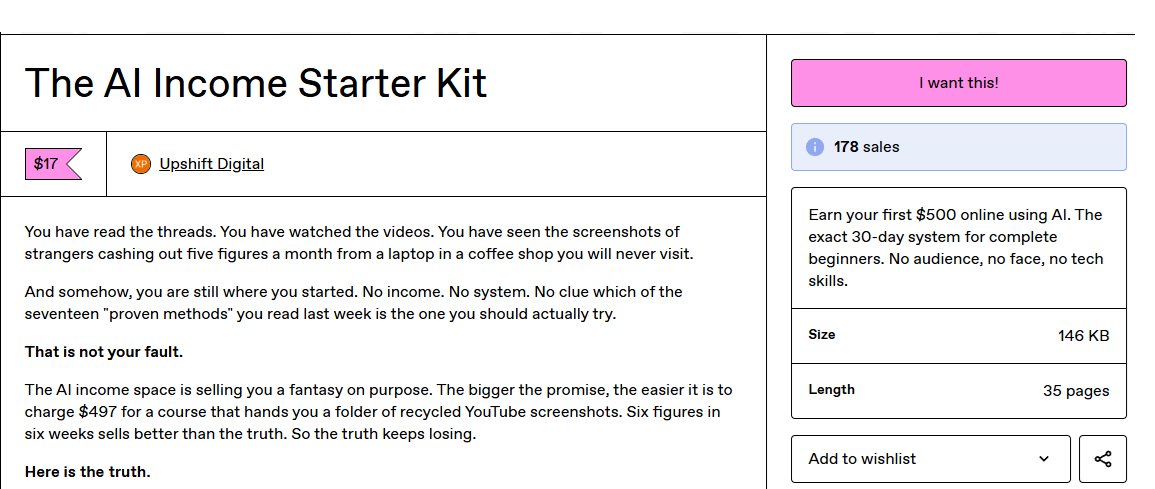 Fabricated Gumroad public product page for The AI Income Starter Kit showing 178 sales